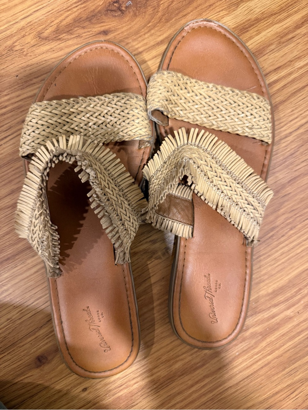Woven Fringe Slide Sandals in Tan by